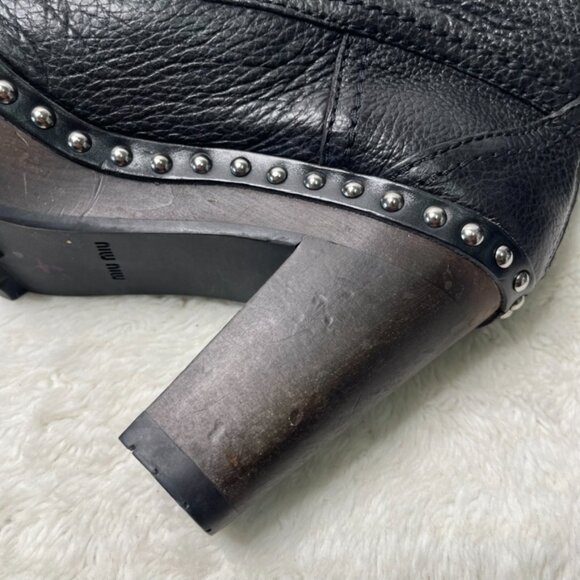 Miu Miu Women's Black Leather Heeled Lace Up Wooden Boots Size 40 - Picture 11 of 16